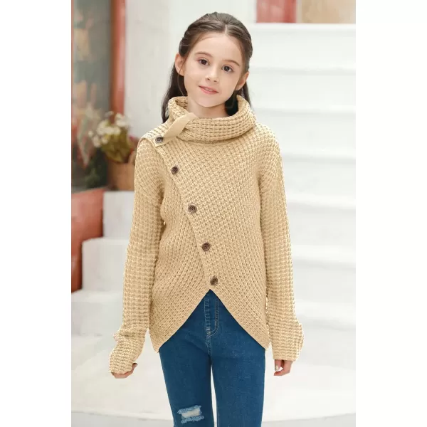 Haloumoning Girls Sweaters Button Turtle Cowl Neck Asymmetric Hem Wrap Pullover Sweaters for Girls