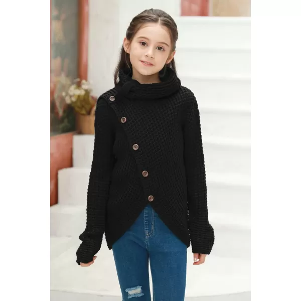 Haloumoning Girls Sweaters Button Turtle Cowl Neck Asymmetric Hem Wrap Pullover Sweaters for Girls