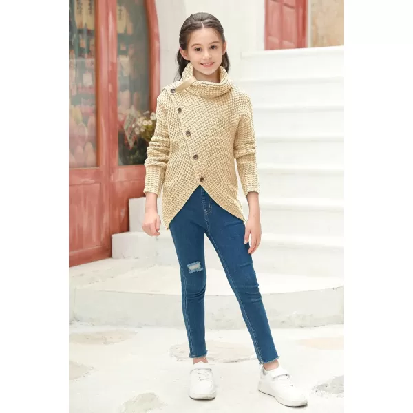 Haloumoning Girls Sweaters Button Turtle Cowl Neck Asymmetric Hem Wrap Pullover Sweaters for Girls