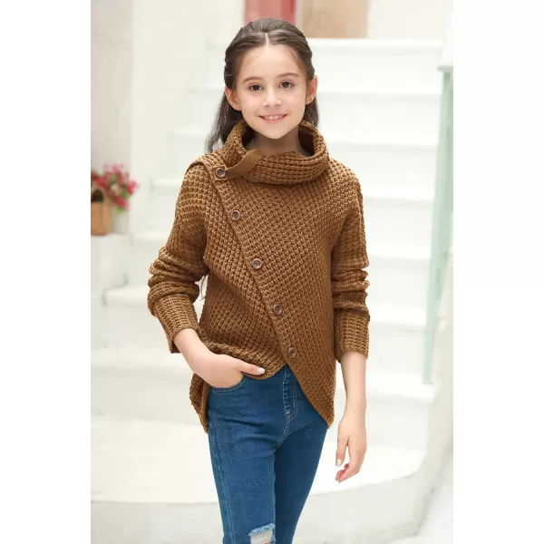Haloumoning Girls Sweaters Button Turtle Cowl Neck Asymmetric Hem Wrap Pullover Sweaters for Girls