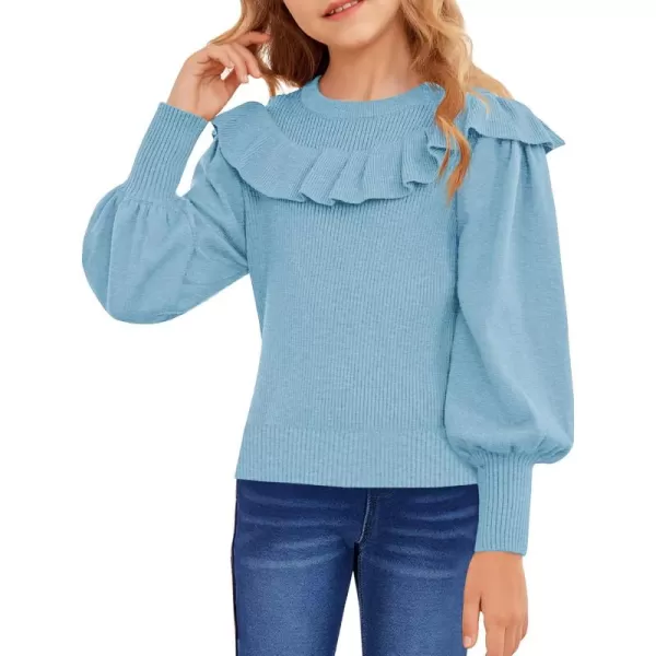 Girls Lantern Sleeve Ruffle Sweaters Tops Kids Fashion Knit Crewneck Pullover Clothes 5-14 Years