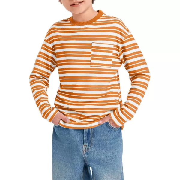Haloumoning Boys Striped Shirts Kids Long Sleeve Crewneck Pullover Tops Soft Basic Tees with Pockets 5-14 Years