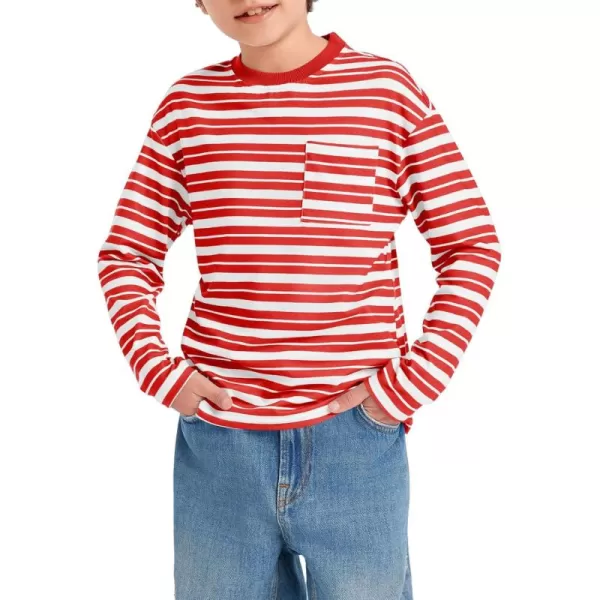Haloumoning Boys Striped Shirts Kids Long Sleeve Crewneck Pullover Tops Soft Basic Tees with Pockets 5-14 Years