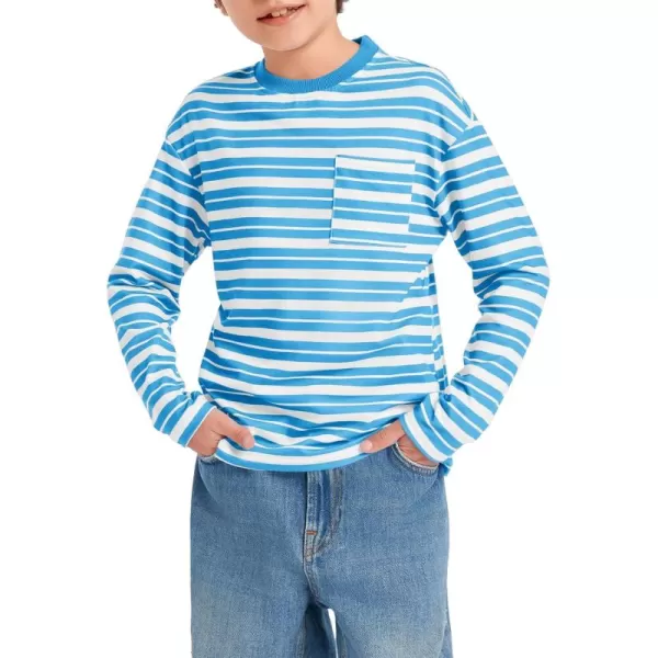 Haloumoning Boys Striped Shirts Kids Long Sleeve Crewneck Pullover Tops Soft Basic Tees with Pockets 5-14 Years