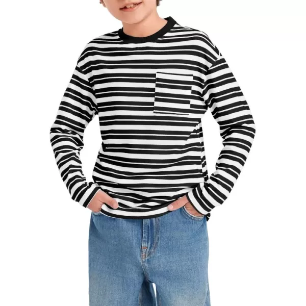Haloumoning Boys Striped Shirts Kids Long Sleeve Crewneck Pullover Tops Soft Basic Tees with Pockets 5-14 Years