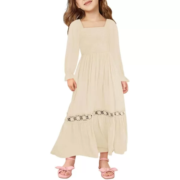 Haloumoning Girls Boho Summer Dresses Long Sleeve Square Neck Smocked Beach Dress Flowy A-line Maxi Dress 4-14 Years