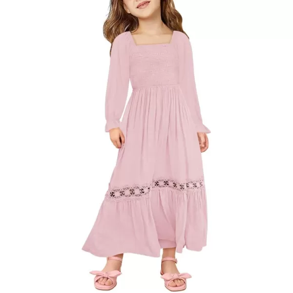 Haloumoning Girls Boho Summer Dresses Long Sleeve Square Neck Smocked Beach Dress Flowy A-line Maxi Dress 4-14 Years