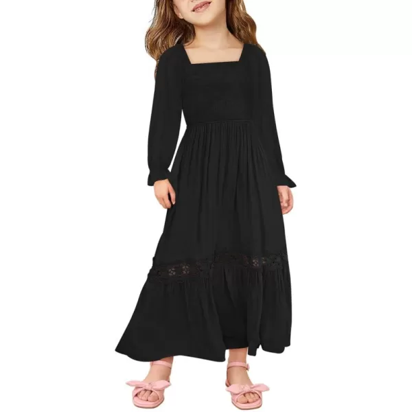 Haloumoning Girls Boho Summer Dresses Long Sleeve Square Neck Smocked Beach Dress Flowy A-line Maxi Dress 4-14 Years