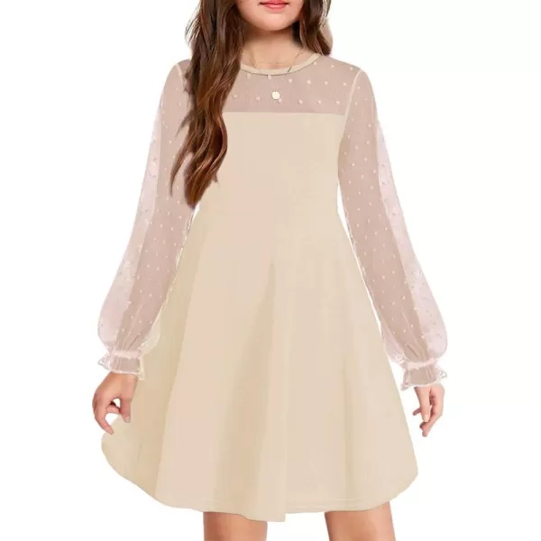 Haloumoning Girls Contrast Mesh Long Sleeve High Waist A Line Short Dress with Pockets 4-14 Years
