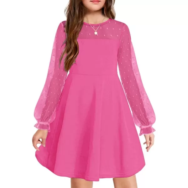 Haloumoning Girls Contrast Mesh Long Sleeve High Waist A Line Short Dress with Pockets 4-14 Years