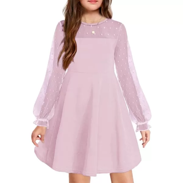 Haloumoning Girls Contrast Mesh Long Sleeve High Waist A Line Short Dress with Pockets 4-14 Years