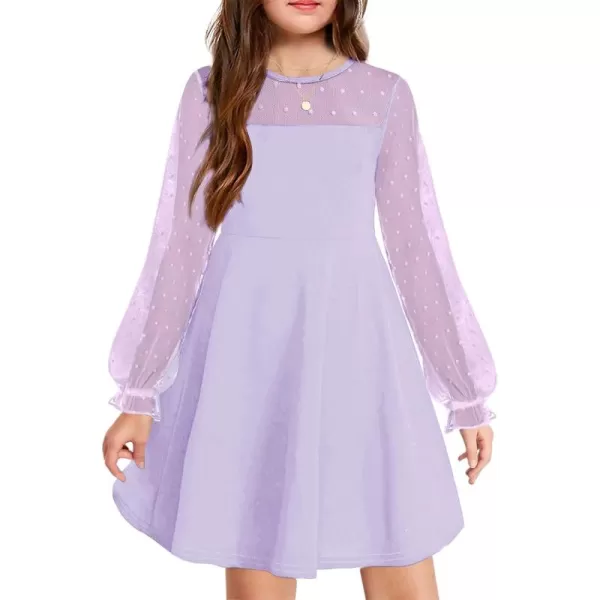 Haloumoning Girls Contrast Mesh Long Sleeve High Waist A Line Short Dress with Pockets 4-14 Years