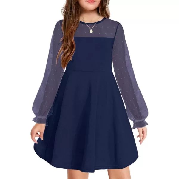 Haloumoning Girls Contrast Mesh Long Sleeve High Waist A Line Short Dress with Pockets 4-14 Years