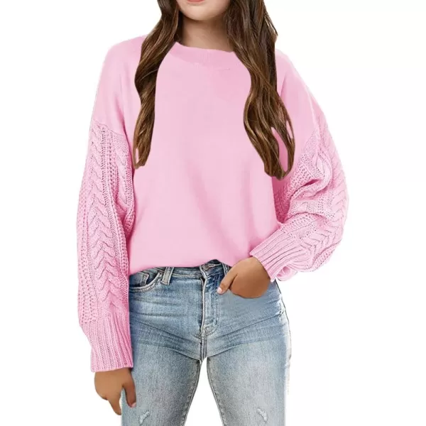 Haloumoning Girl's Crew Neck Sweaters Kids Long Sleeve Drop Shoulder Pullover Cable Knit Chunky Contrast Sweater Tops