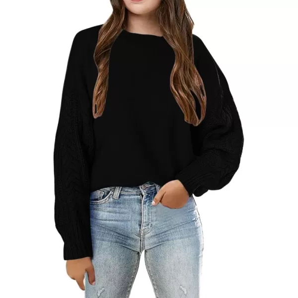 Haloumoning Girl's Crew Neck Sweaters Kids Long Sleeve Drop Shoulder Pullover Cable Knit Chunky Contrast Sweater Tops