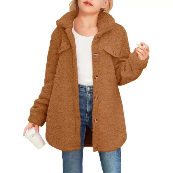 Haloumoning Girls Fuzzy Fleece Jacket Casual Button Down Sherpa Overcoat Faux Fur Jackets Outwear 4-15 Years