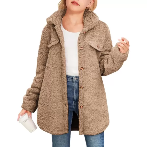 Haloumoning Girls Fuzzy Fleece Jacket Casual Button Down Sherpa Overcoat Faux Fur Jackets Outwear 4-15 Years