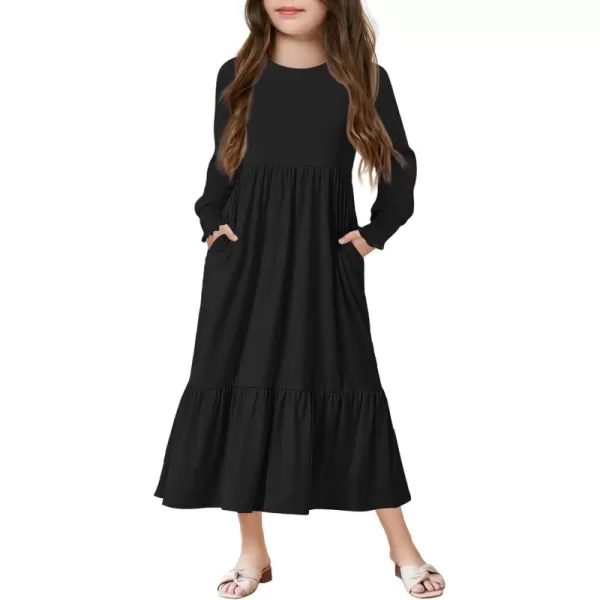 Haloumoning Girls Long Sleeve Maxi Dresses Boho Swing Dress with Pockets 7-14 years