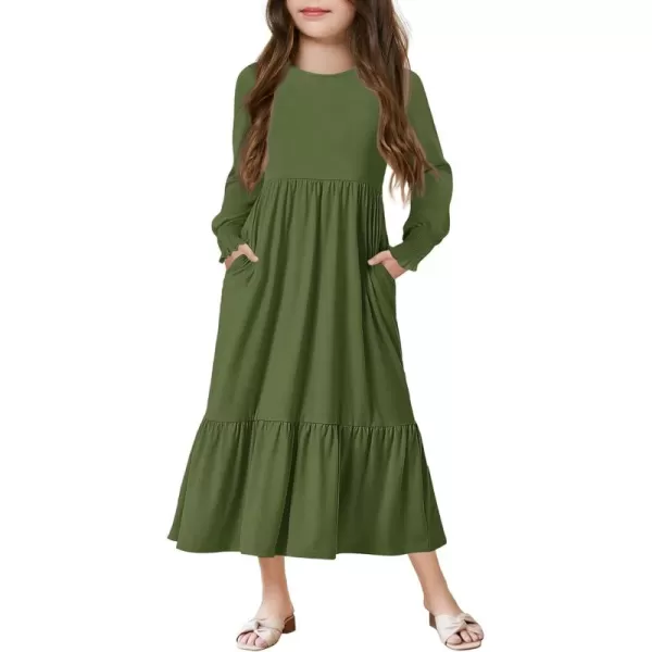 Haloumoning Girls Long Sleeve Maxi Dresses Boho Swing Dress with Pockets 7-14 years