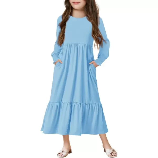 Haloumoning Girls Long Sleeve Maxi Dresses Boho Swing Dress with Pockets 7-14 years