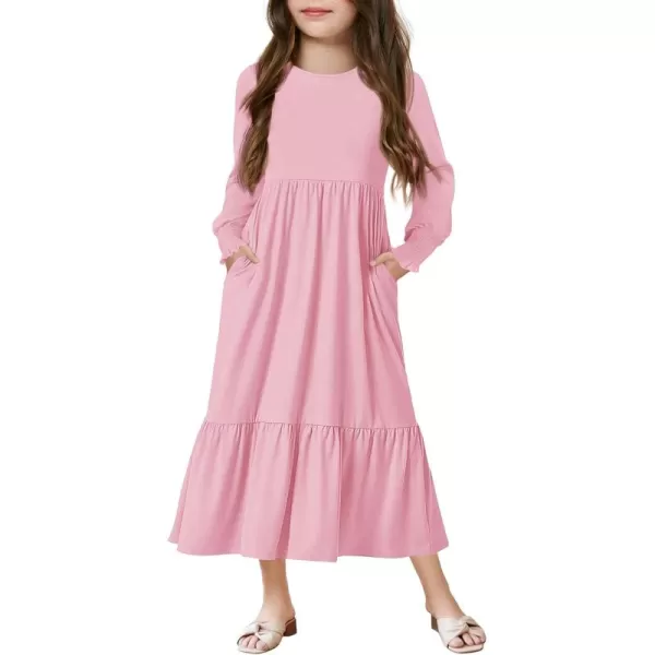 Haloumoning Girls Long Sleeve Maxi Dresses Boho Swing Dress with Pockets 7-14 years
