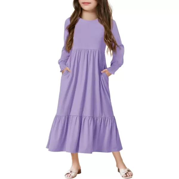 Haloumoning Girls Long Sleeve Maxi Dresses Boho Swing Dress with Pockets 7-14 years
