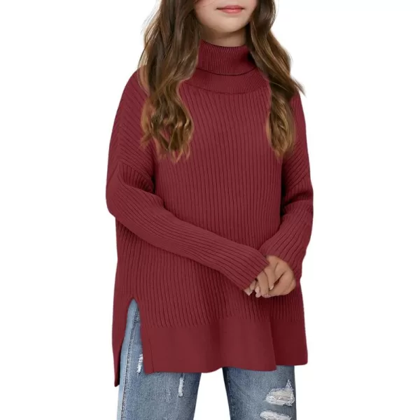 Haloumoning Girls Oversized Turtleneck Sweaters Kids Fashion Ribbed Knit Pullover Sweater Fall Clothes with Side Slit