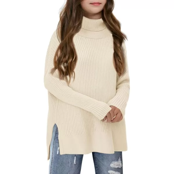 Haloumoning Girls Oversized Turtleneck Sweaters Kids Fashion Ribbed Knit Pullover Sweater Fall Clothes with Side Slit