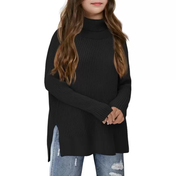 Haloumoning Girls Oversized Turtleneck Sweaters Kids Fashion Ribbed Knit Pullover Sweater Fall Clothes with Side Slit