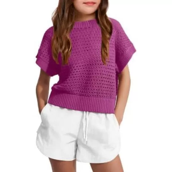 Haloumoning Girls Short Sleeve T Shirt Crewneck Knit Crop Top Hollow Out Pullovers Sweater 5-14 Years