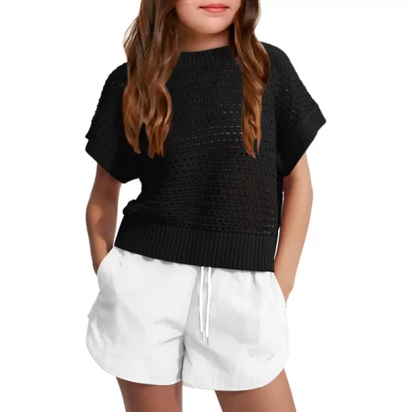 Haloumoning Girls Short Sleeve T Shirt Crewneck Knit Crop Top Hollow Out Pullovers Sweater 5-14 Years