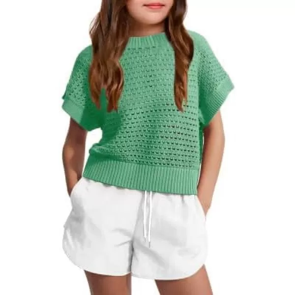 Haloumoning Girls Short Sleeve T Shirt Crewneck Knit Crop Top Hollow Out Pullovers Sweater 5-14 Years