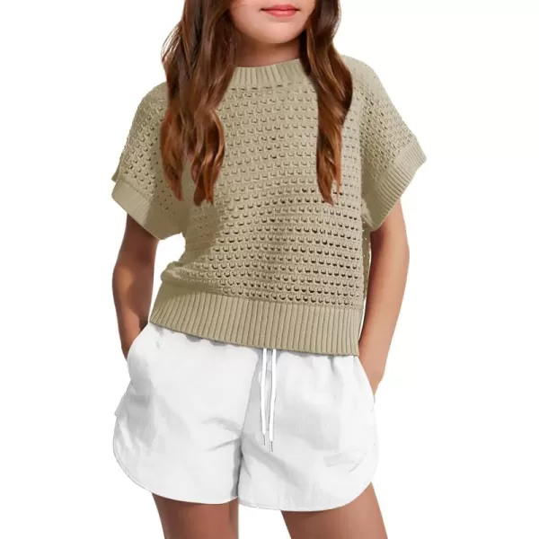 Haloumoning Girls Short Sleeve T Shirt Crewneck Knit Crop Top Hollow Out Pullovers Sweater 5-14 Years