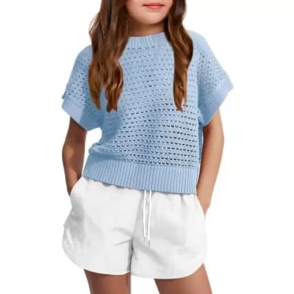 Haloumoning Girls Short Sleeve T Shirt Crewneck Knit Crop Top Hollow Out Pullovers Sweater 5-14 Years