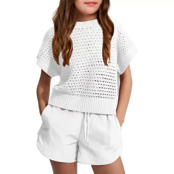 Haloumoning Girls Short Sleeve T Shirt Crewneck Knit Crop Top Hollow Out Pullovers Sweater 5-14 Years