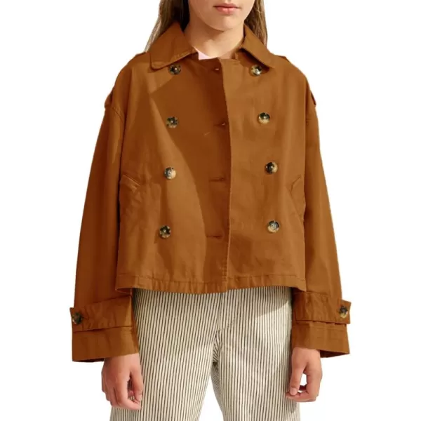 Haloumoning Girls Short Trench Coat Double Breasted Long Sleeve Casual Jackets Fall Outwear with Pockets
