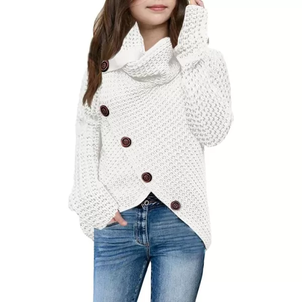 Haloumoning Girls Sweaters Button Turtle Cowl Neck Asymmetric Hem Wrap Pullover Sweaters for Girls