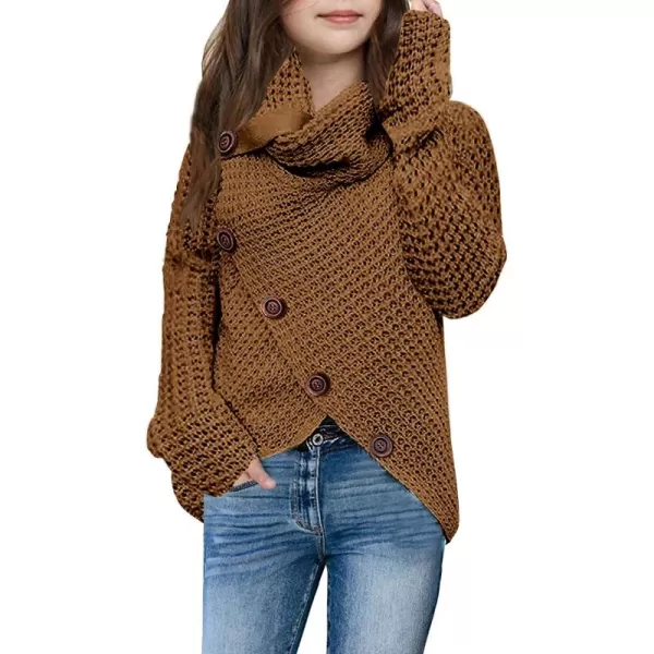 Haloumoning Girls Sweaters Button Turtle Cowl Neck Asymmetric Hem Wrap Pullover Sweaters for Girls