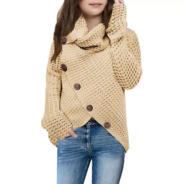 Haloumoning Girls Sweaters Button Turtle Cowl Neck Asymmetric Hem Wrap Pullover Sweaters for Girls