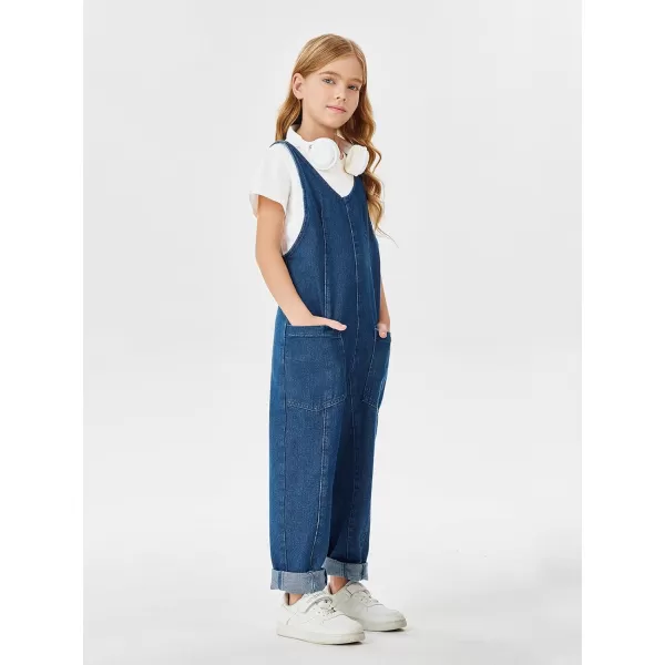 Haloumoning Girls' Denim Overall Jumpsuits Sleeveless V Neck Adjustable Straps Jeans Pants Jumpers with Pockets