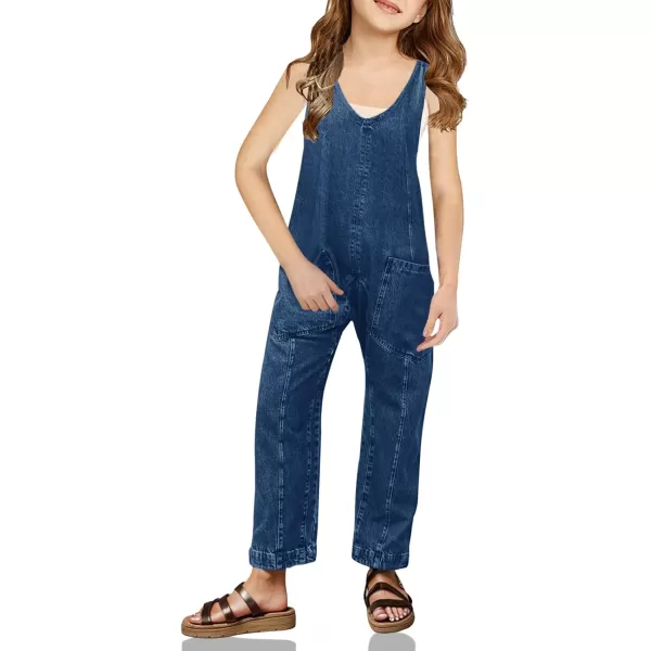 Haloumoning Girls' Denim Overall Jumpsuits Sleeveless V Neck Adjustable Straps Jeans Pants Jumpers with Pockets