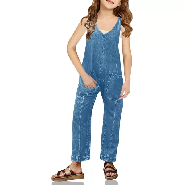 Haloumoning Girls' Denim Overall Jumpsuits Sleeveless V Neck Adjustable Straps Jeans Pants Jumpers with Pockets