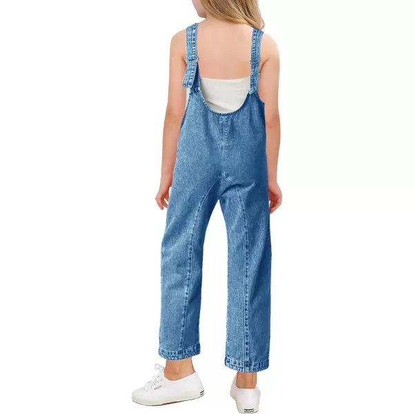 Haloumoning Girls' Denim Overall Jumpsuits Sleeveless V Neck Adjustable Straps Jeans Pants Jumpers with Pockets