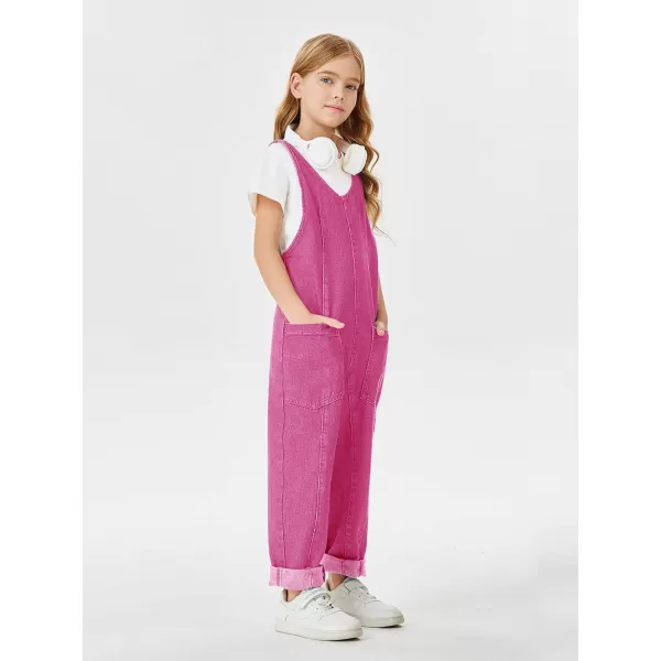 Haloumoning Girls' Denim Overall Jumpsuits Sleeveless V Neck Adjustable Straps Jeans Pants Jumpers with Pockets