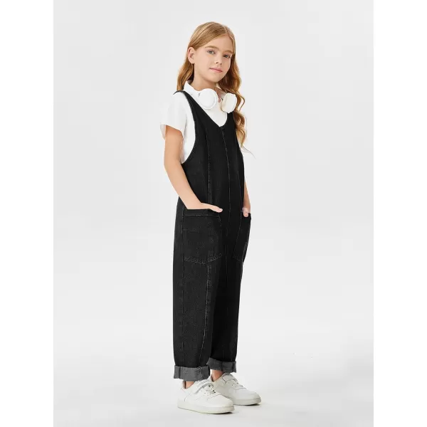 Haloumoning Girls' Denim Overall Jumpsuits Sleeveless V Neck Adjustable Straps Jeans Pants Jumpers with Pockets