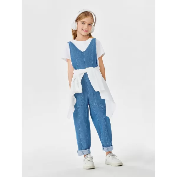 Haloumoning Girls' Denim Overall Jumpsuits Sleeveless V Neck Adjustable Straps Jeans Pants Jumpers with Pockets