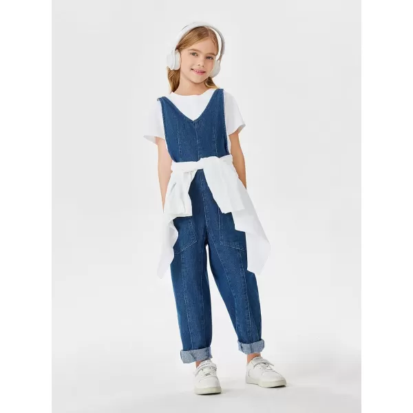 Haloumoning Girls' Denim Overall Jumpsuits Sleeveless V Neck Adjustable Straps Jeans Pants Jumpers with Pockets