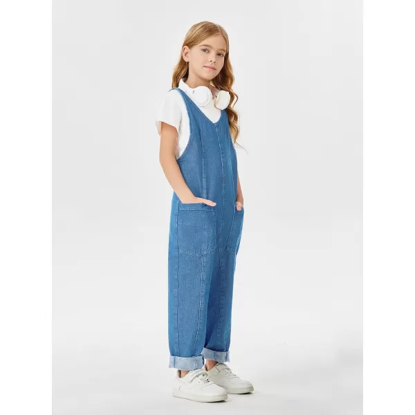 Haloumoning Girls' Denim Overall Jumpsuits Sleeveless V Neck Adjustable Straps Jeans Pants Jumpers with Pockets