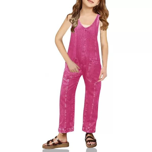 Haloumoning Girls' Denim Overall Jumpsuits Sleeveless V Neck Adjustable Straps Jeans Pants Jumpers with Pockets