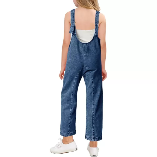 Haloumoning Girls' Denim Overall Jumpsuits Sleeveless V Neck Adjustable Straps Jeans Pants Jumpers with Pockets